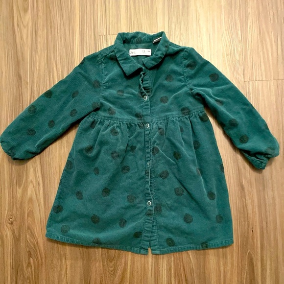 Zara Green Buttoned Peplum Corduroy Dress with Peter Pan Collar size 3-4Y - Picture 1 of 4
